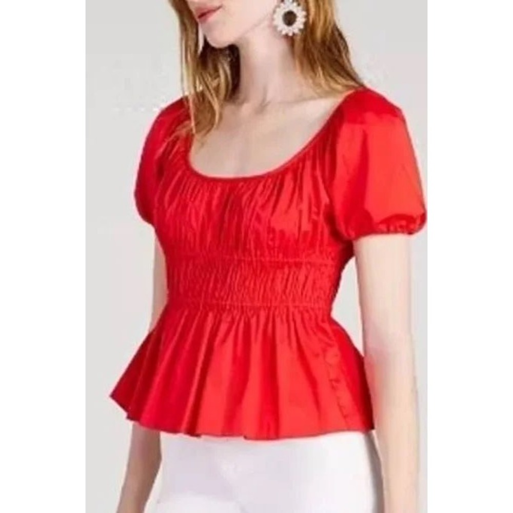 Kate Spade New York Red Smocked Peplum Puff Sleeve Top K8561 Sz Medium $228 MSRP